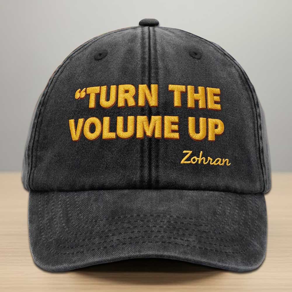 Turn The Volume Up Zohran Embroidery Washed Denim Baseball Cap