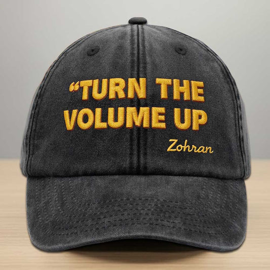 Turn The Volume Up Zohran Embroidery Washed Denim Baseball Cap