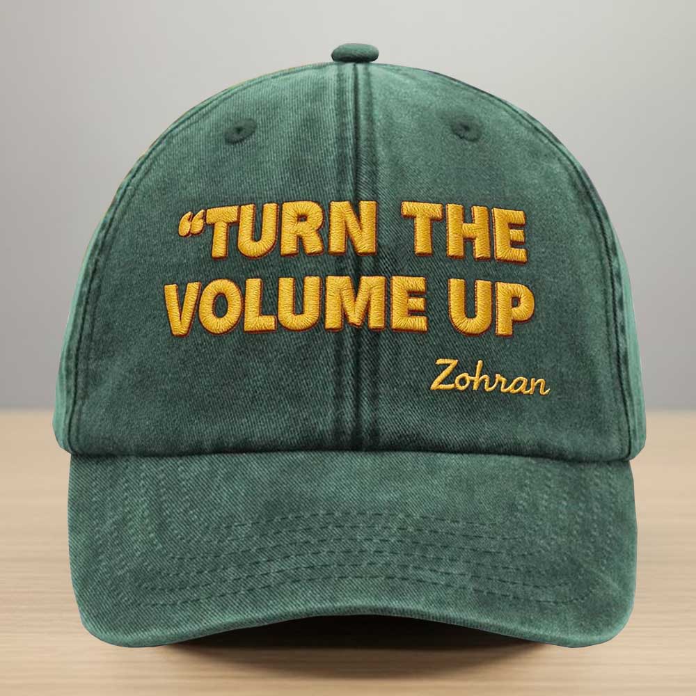 Turn The Volume Up Zohran Embroidery Washed Denim Baseball Cap