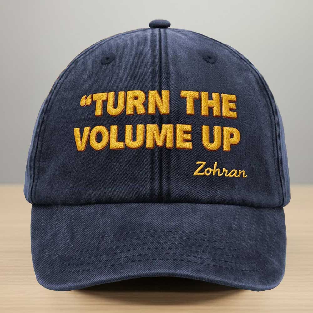Turn The Volume Up Zohran Embroidery Washed Denim Baseball Cap