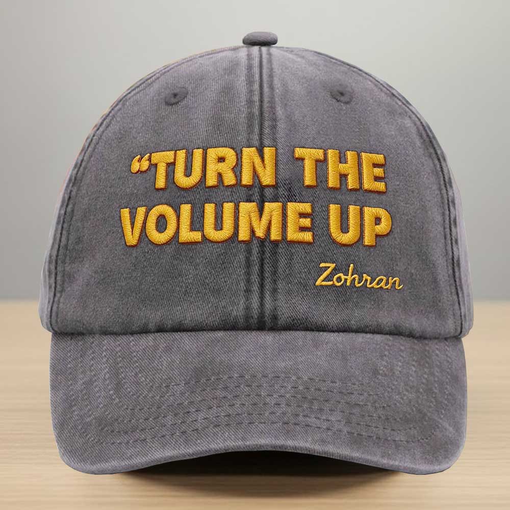 Turn The Volume Up Zohran Embroidery Washed Denim Baseball Cap